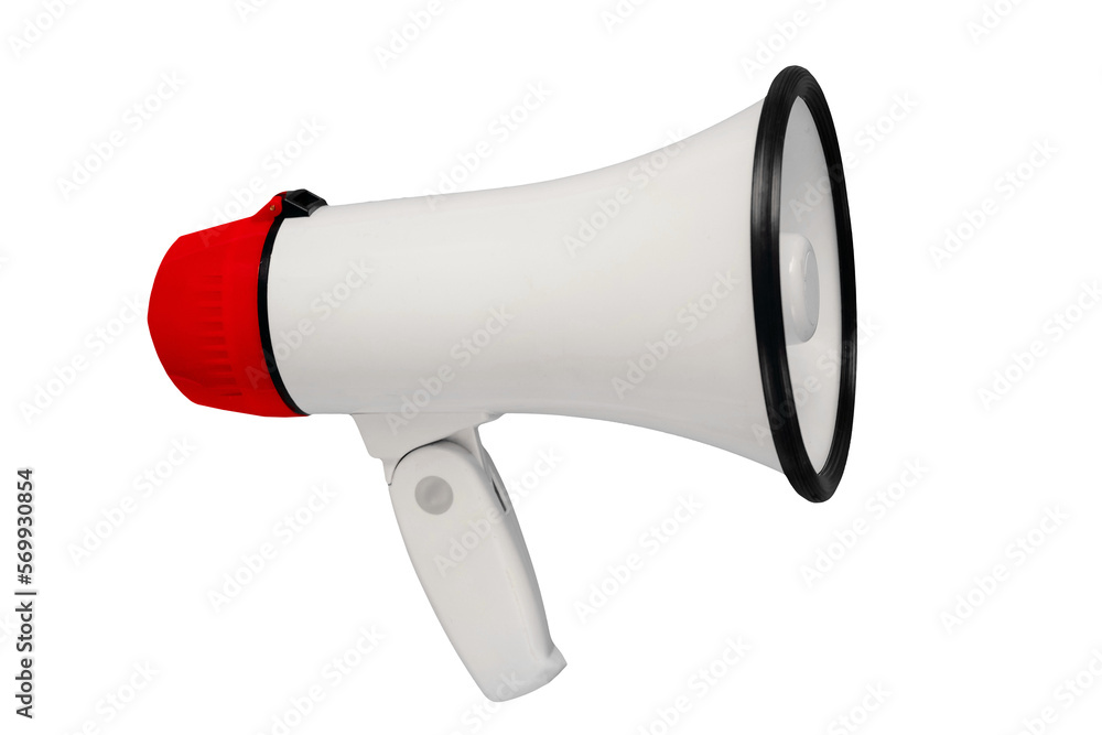 White and red megaphone isolated from background. Alarm and announcement - obrazy, fototapety, plakaty 