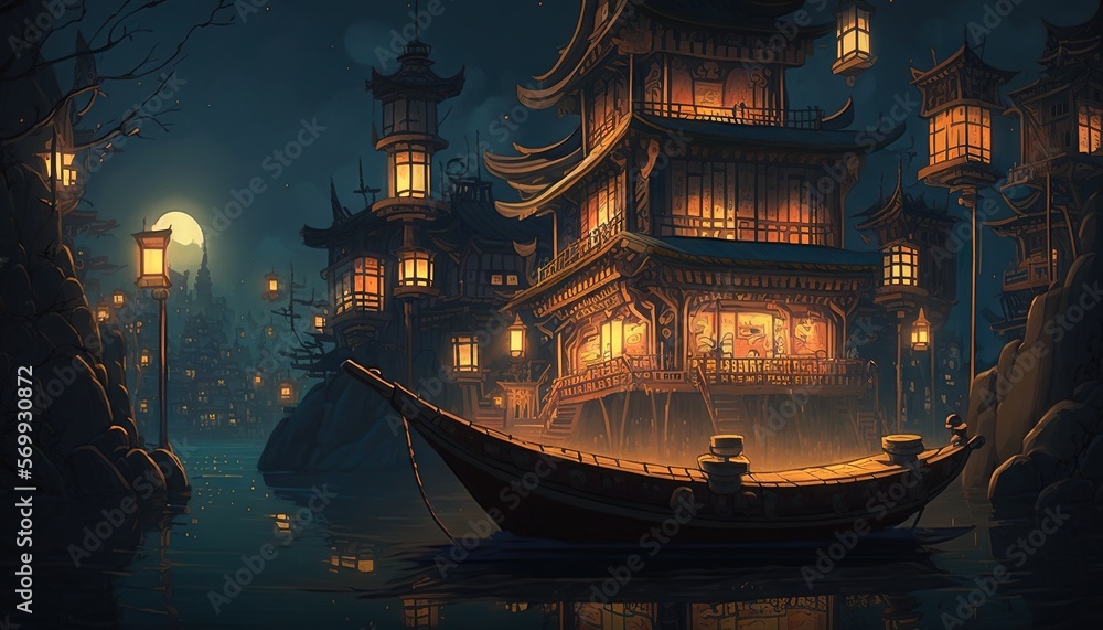  a boat floating on top of a lake next to a building at night with lanterns on the roof and a full moon in the sky.  generative ai