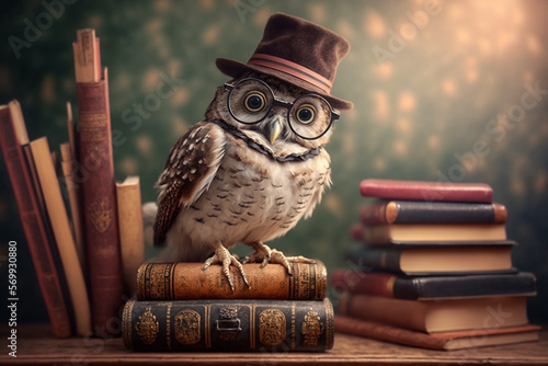 Cunning owl in a hat and glasses sits on books 