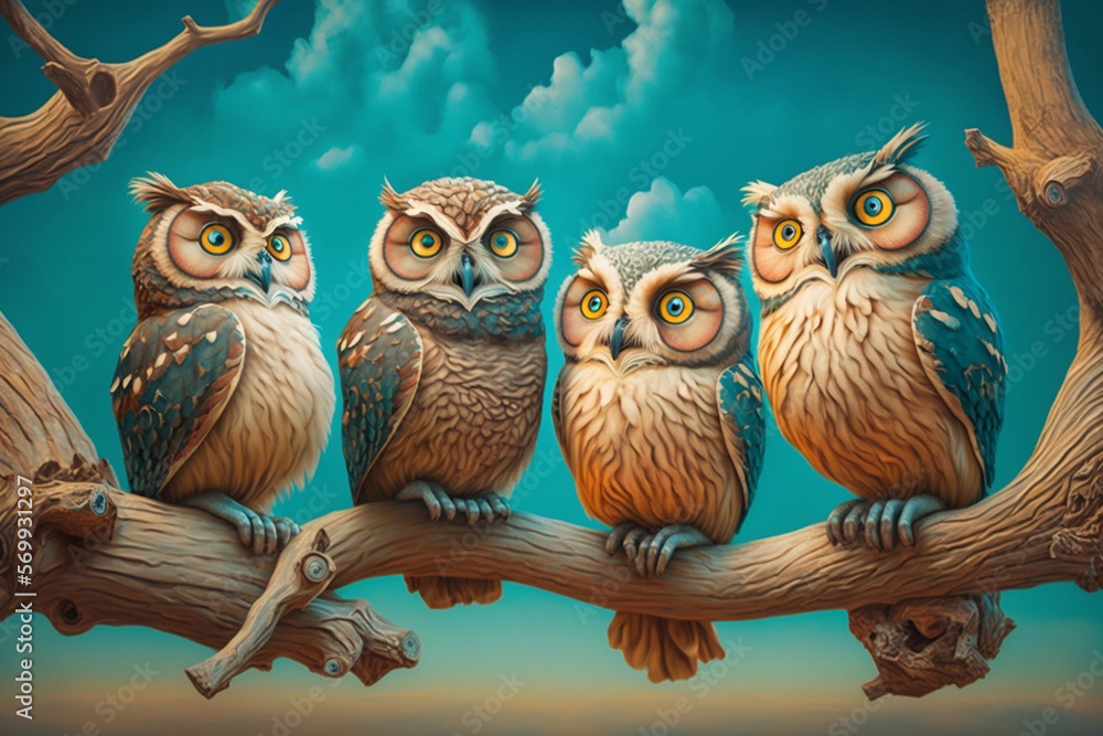 5 funny owls are sitting on a branch