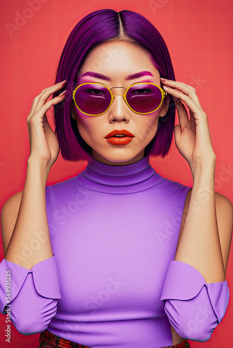 Generative AI illustration of an asian woman in trendy purple outfit and sunglasses touching head and looking at camera against red background