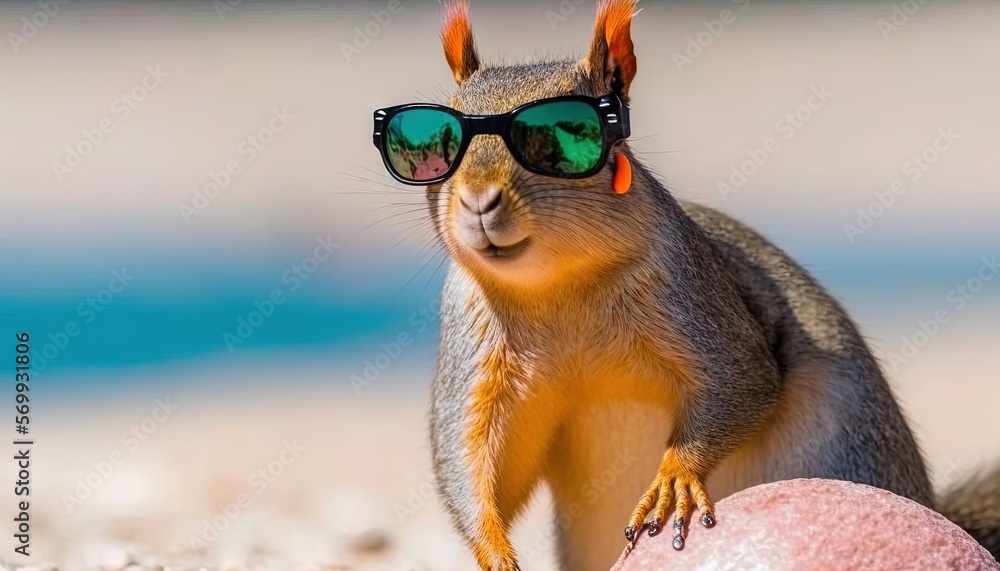  a squirrel with sunglasses on its head and a ball in front of him on the beach with a blurry background of sand and water.  generative ai