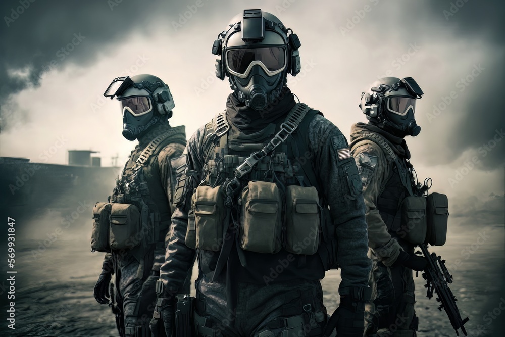 Three soldiers with rifle, uniform, mask, helmet in operation ...