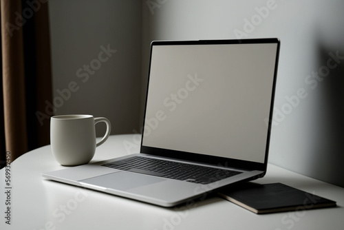 Laptop With Blank Screen On Table. Minimalist View And Compact Laptop. Generative AI.