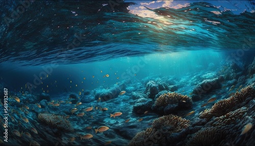  an underwater view of a coral reef with sunlight shining through the water's bubbles and corals on the bottom of the water's surface. generative ai