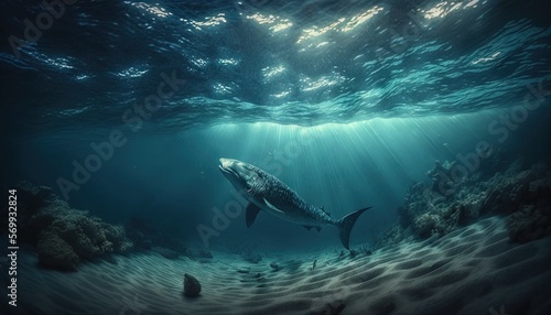  a large fish swims through the water near the shore line of a coral reef, with sunlight streaming through the water's surface.  generative ai © Anna