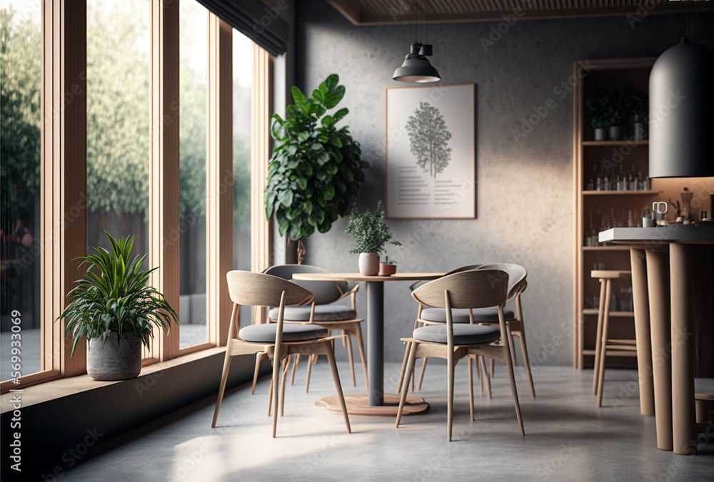 Fototapeta premium Stylish japandy interior cafe with wooden furniture, Generative AI