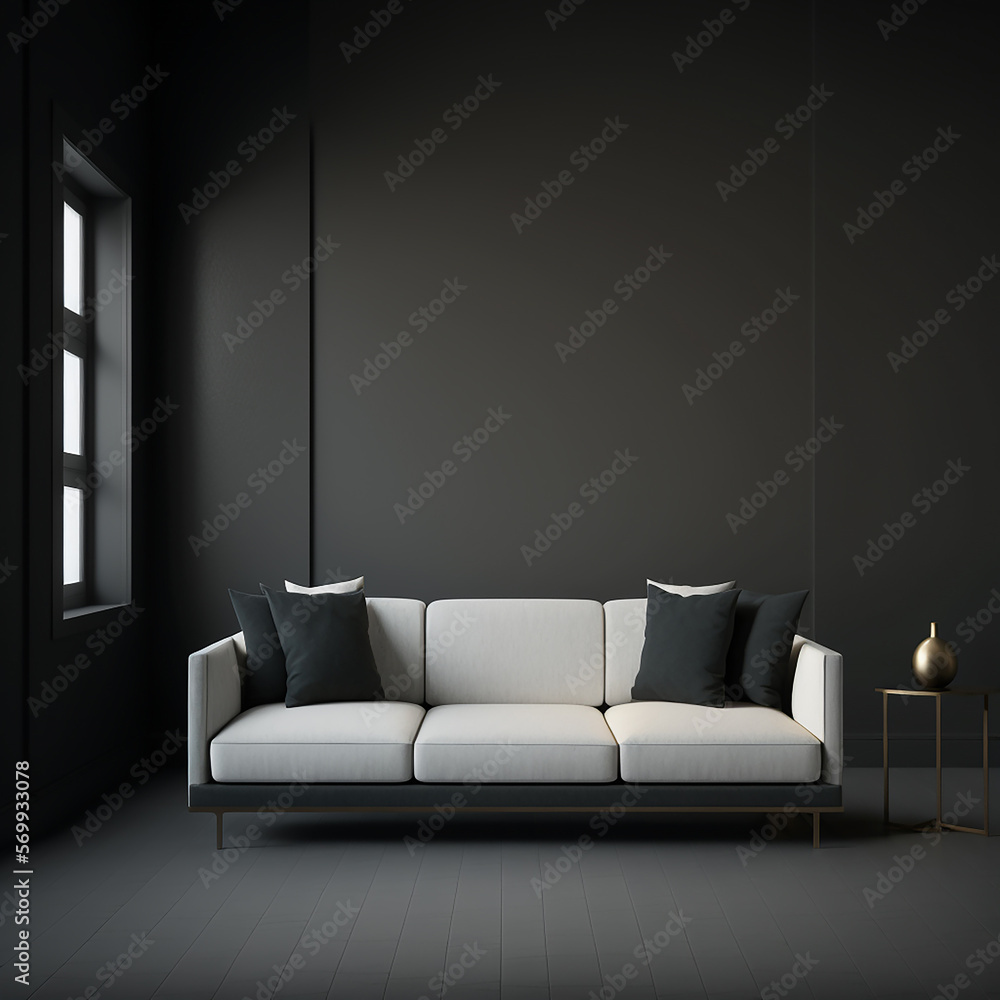 Dark simple interior background, living room with white sofa, window