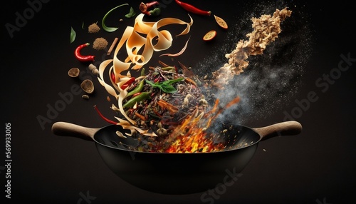 Tela a wok filled with lots of food cooking on top of a black tablecloth covered in spices and other ingredients, with a wooden spoon in front of the wok