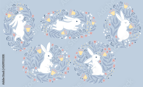 Vintage postcard set for Easter with white rabbits in folk style with fantastic flowers in various templates. Cartoon cute animals in hand-drawn doodle style. limited pastel palette. Vector.