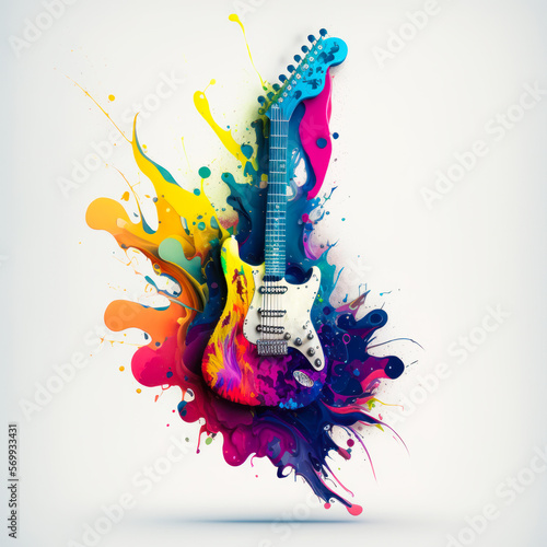 guitar with colorful paint splatters on it. Generative AI.