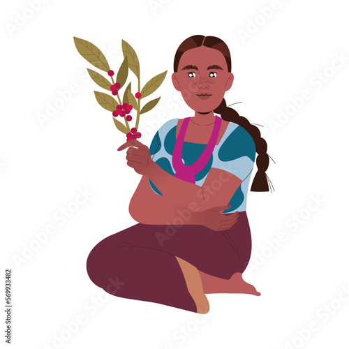 Woman Harvesting Coffee Crop Picking Ripe Red Berry from Branch Vector Illustration