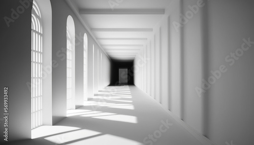 long hallway with white walls and windows. Generative AI.