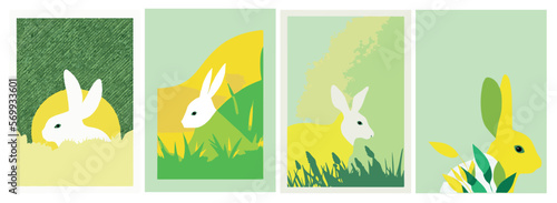 Set of backgrounds for the text dedicated to the holiday of Easter.   . Spring morning meadow with easter bunny  basket with eggs. Cute picture nature animals sunny colors. Set of Easter backgrounds