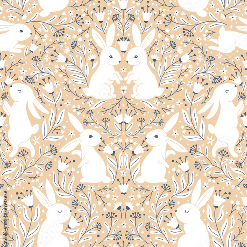 Symmetrical easter vintage seamless pattern with white hares in folk style with fantastic flowers. Cartoon cute animal characters in hand-drawn doodle style. Limited monochrome pastel palette. Vector.