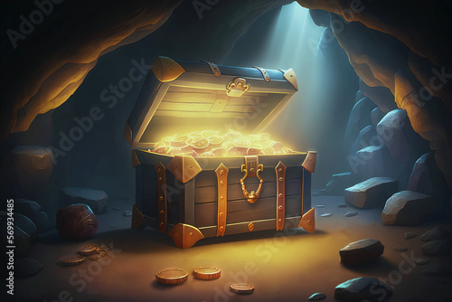 Pirate treasure in a wooden chest in a dark cave, cartoon style. AI generated..