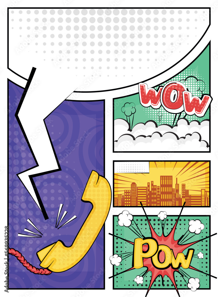 Fototapeta premium Colored comic cover page with a cityscape and a telephone Vector illustration