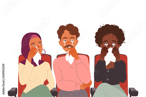 Man and Woman Crying Sitting in Cinema Watching Movie Vector Illustration