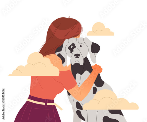 Woman Crying from Loneliness Embracing Her Dog Pet Vector Illustration
