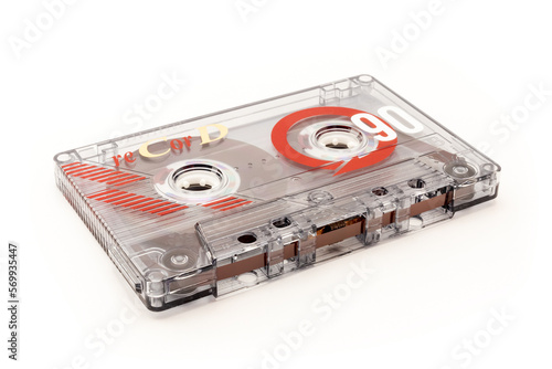Audio cassette tape - old vintage compact audio cassette on its side isolated on white background, bottom view