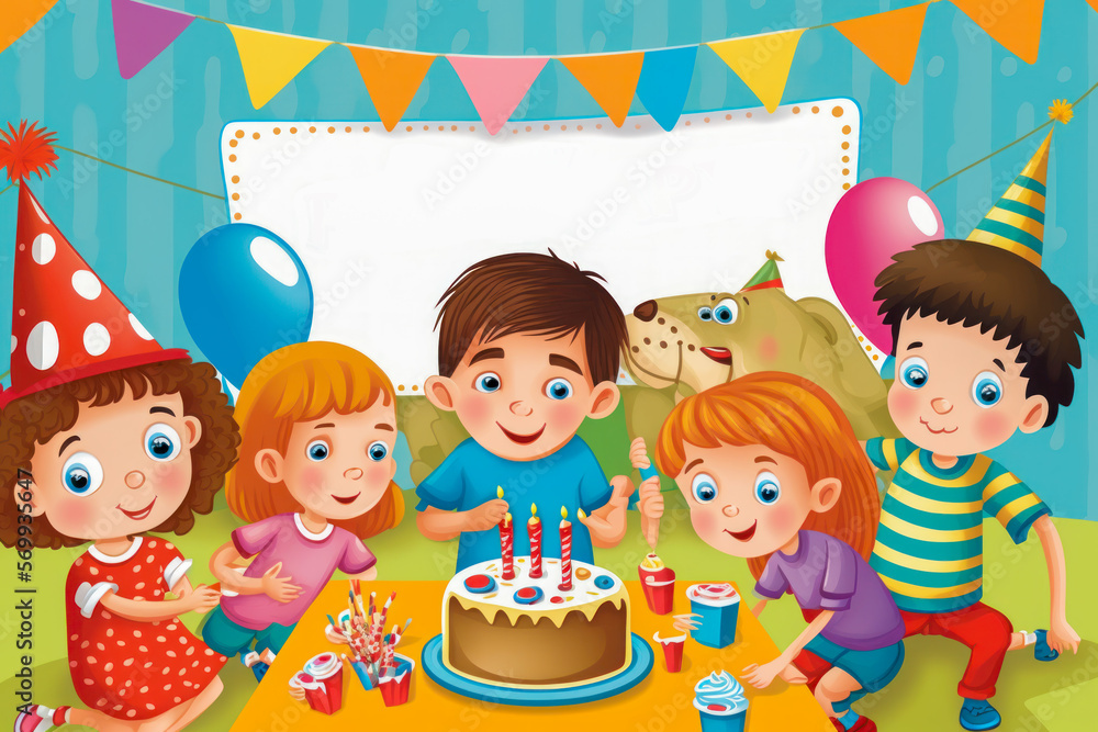 Cartoon kids party poster or card template happy birthday celebration concept. Cartoon kids party poster or card template happy birthday celebration concept.