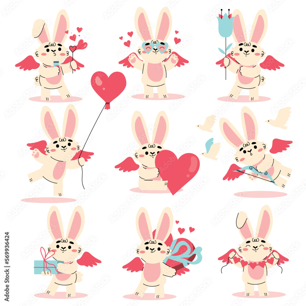 Cute Cupid Bunny with Wings and Heart as Love and Affection Symbol Vector Set Cute Cupid Bunny with Wings and Heart as Love and Affection Symbol Vector Set
