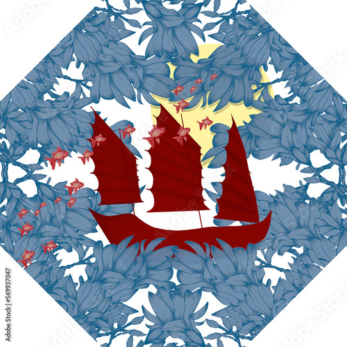 a junk, boat, blue, pattern decor