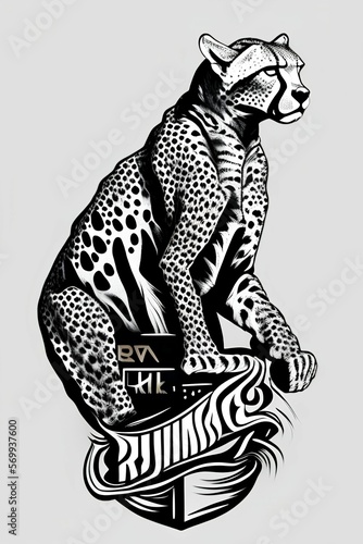 running Cheetah hand-drawn with ink on white background logo - generative ai