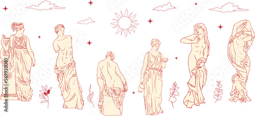 greek sculpture woman, antique classical sculpture, ancient sculpture, hand drawn, boho colors, vector