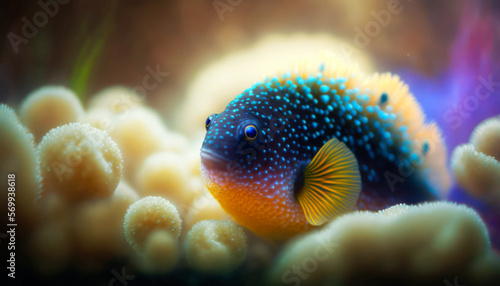 Beautiful Bicolor Dottyback Fish swimming in colorful coral reef in crystal clear waters. Generative AI photo