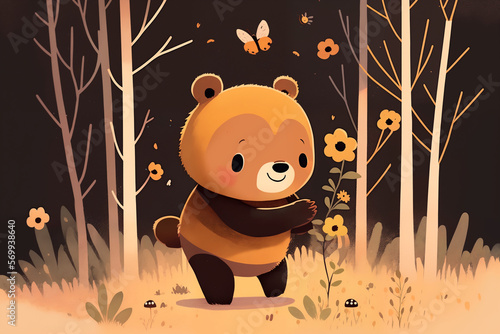 Cute cartoon bear cub in the forest, ai