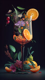 Juicy cocktail in glass of sweet and sour orange wine for sangria. 3D rendering.