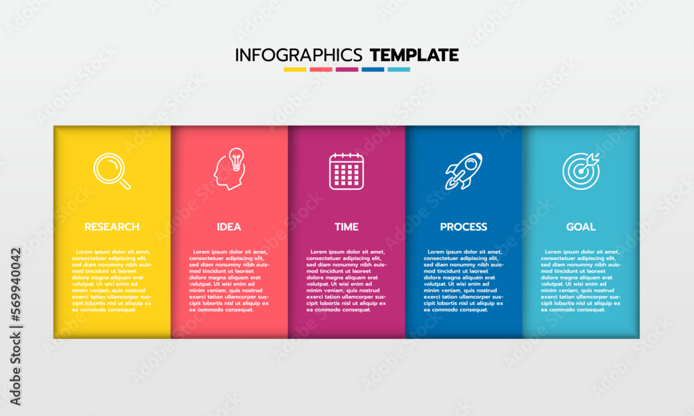Business infographic template process with simple geometry square, rectangle, circle, triangle, curves in flat design template with thin line icons and 5 options or steps. Vector illustration. Business infographic template process with simple geometry square, rectangle, circle, triangle, curves in flat design template with thin line icons and 5 options or steps. Vector illustration.