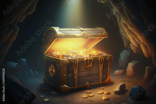 A wooden pirate chest with treasures and gold in a dark rocky cave with gold coins around it illuminated by a sunbeam.AI generated.