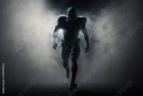 American football player entering the field on a super bowl game with cinematic light and smoke background made with generative ai