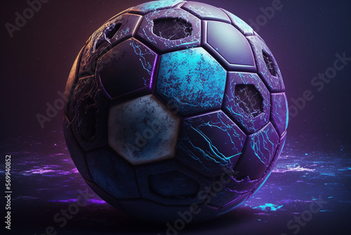 Futuristic purple football soccer ball with blue highlights on a purple background 3d render made with generative ai