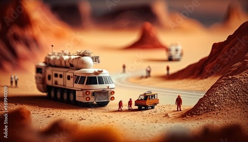blurred illustration of people with planet star, idea for space travel theme, miniature style landscape, Generative Ai