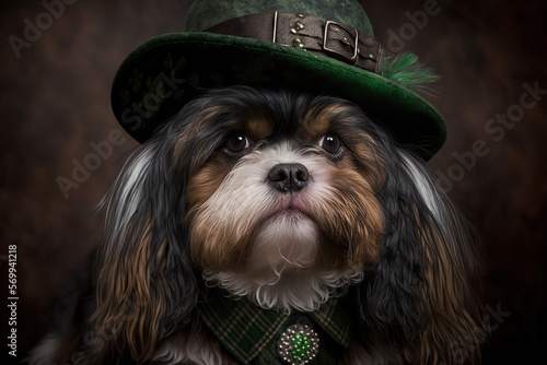 Dog in the guise of an Irish leprechaun, Saint Patrick's day, created with Generative AI