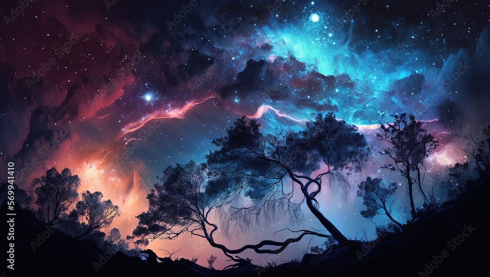 abstract background of starry night sky with silhouette forest shadow, Generative Ai