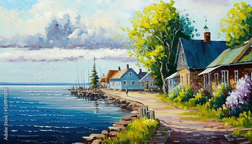 Fototapeta Naklejka Na Ścianę i Meble -  paint like illustration of Europe coastal line village, Generative Ai