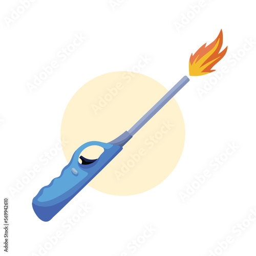 Blue long fire lighters with fire decoration vector isolated on white square background template. Drawing with cartoon simple flat art style and full colored.