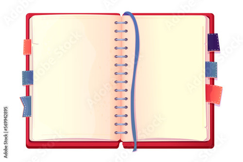 Diary, note book in cartoon style top view isolated on white background. Book with bookmarks and spiral, daily planner.