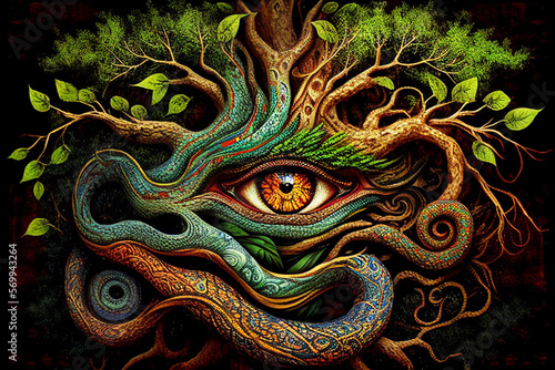 Ayahuasca compilation.Shamanic meditation. The journey of consciousness. A dragon in a tree trunk. The magic eye. Generative AI. photo
