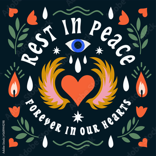 Rest in peace, memorial cards with floral borders, in loving memory and deepest sympathy condolences. Obituary and tombstone decorations with love, eyes, candle, heart, wing, leaves and rose flowers