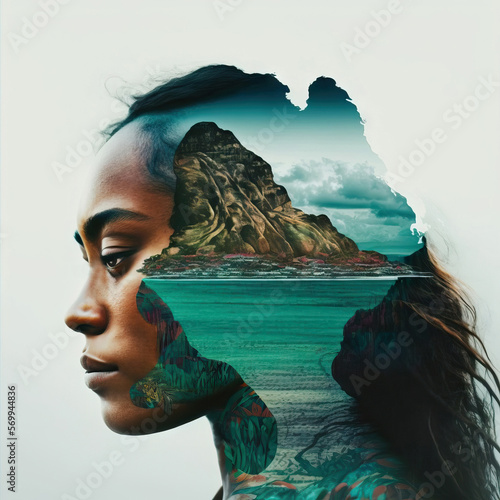 Generative AI illustration of polynesian woman and scenery photo