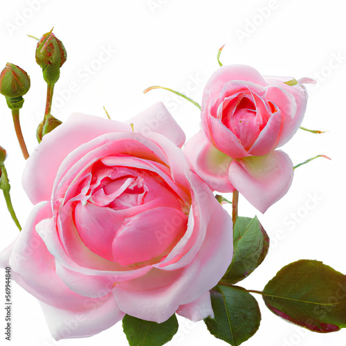 Two beautiful pink rose flowers in full bloom and buds  photo