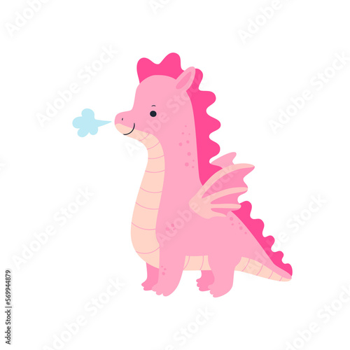Vector illustration of cute little pink dragon. Sticker with fairytale character.