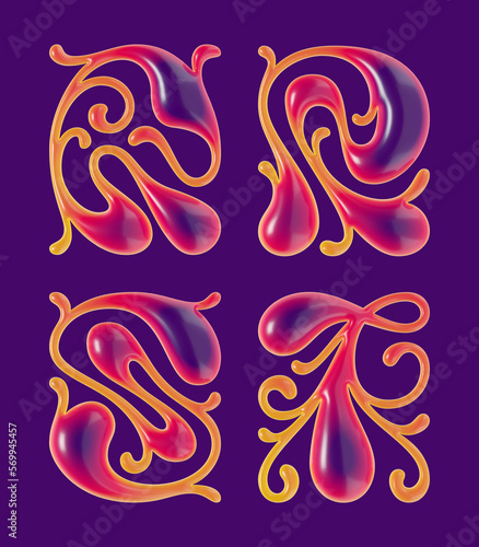 Set of 3d rendered curly letters with smooth glossy surface.