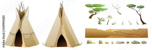 Indians wigwam hut made of felt and skins. Set with stones and trees. North American tribal dwelling. Traditional home of nomadic peoples. Isolated on white background Vector.