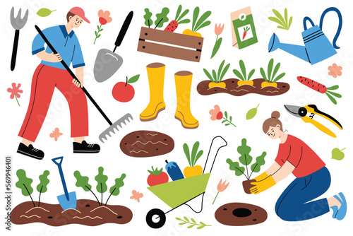 Gardening activity, people working in garden, raking soil, planting, hand drawn collection of gardening tools, doodle icons of rake, watering can, shovel, vector illustrations of farming